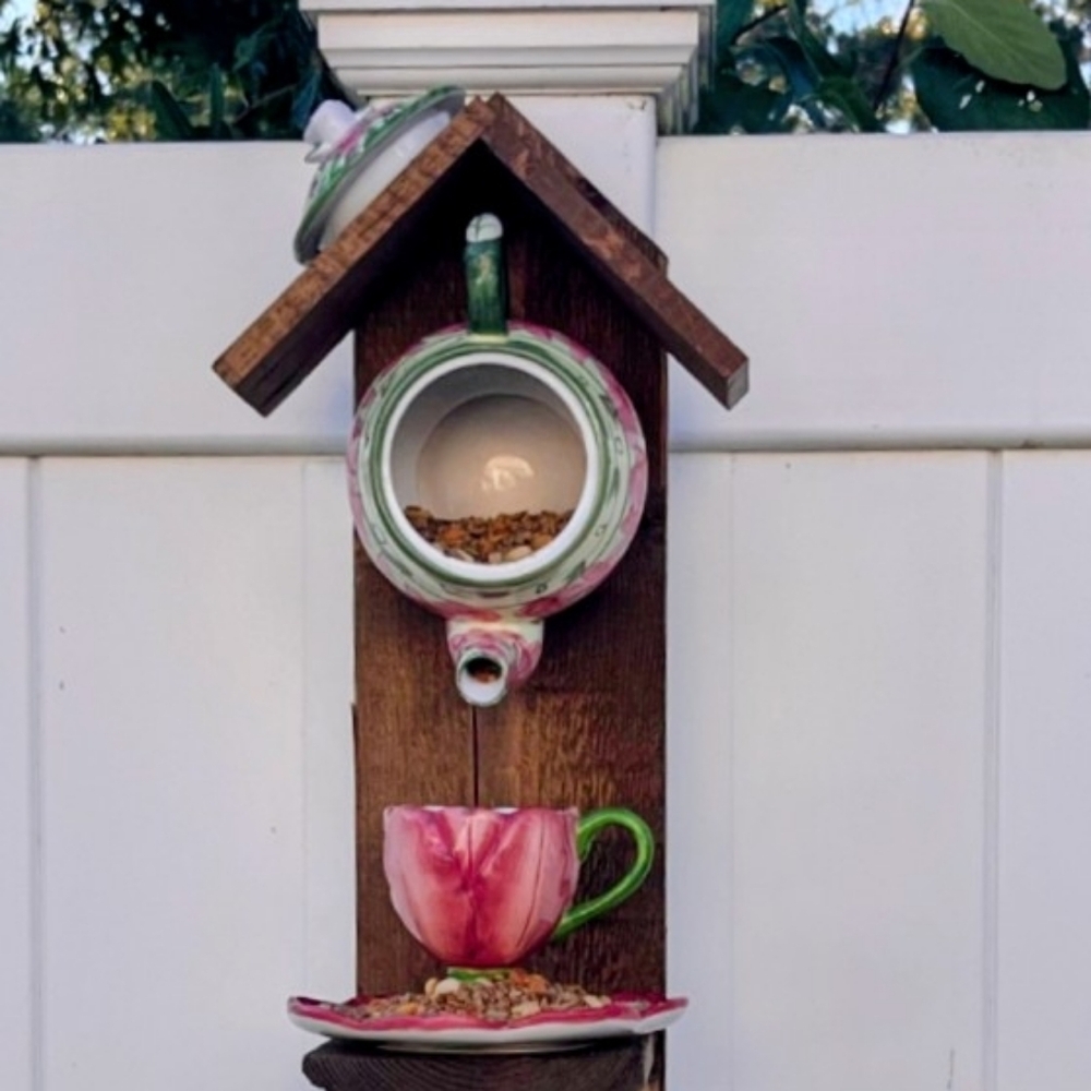 Rustic Wooden Handcrafted Bird Feeder Teapot Blue Bird Cafe - Picture 10 of 16